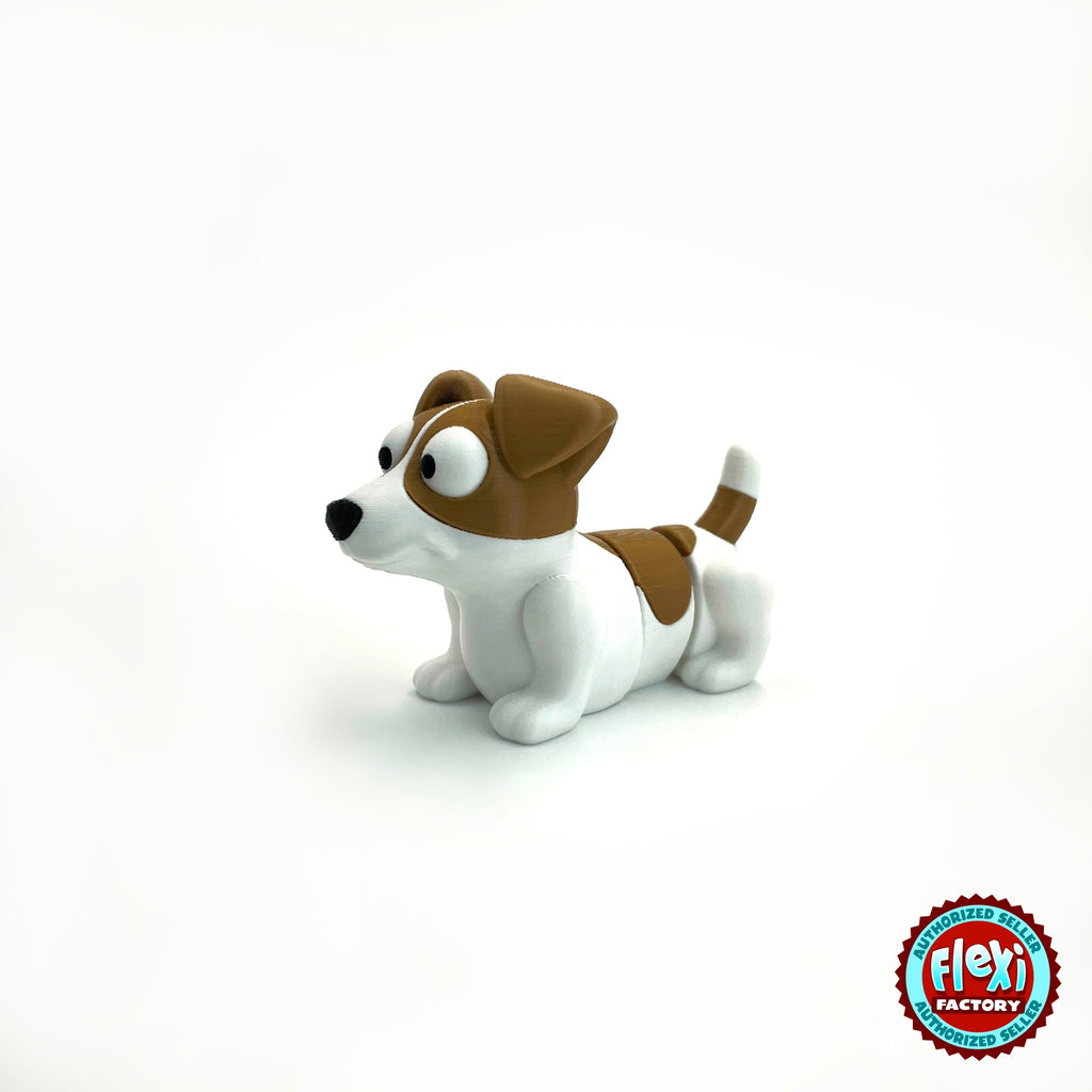Cute Jack Russell terrier keychain, 3D printed by RU3D – three quarter view facing left. White with brown patches.