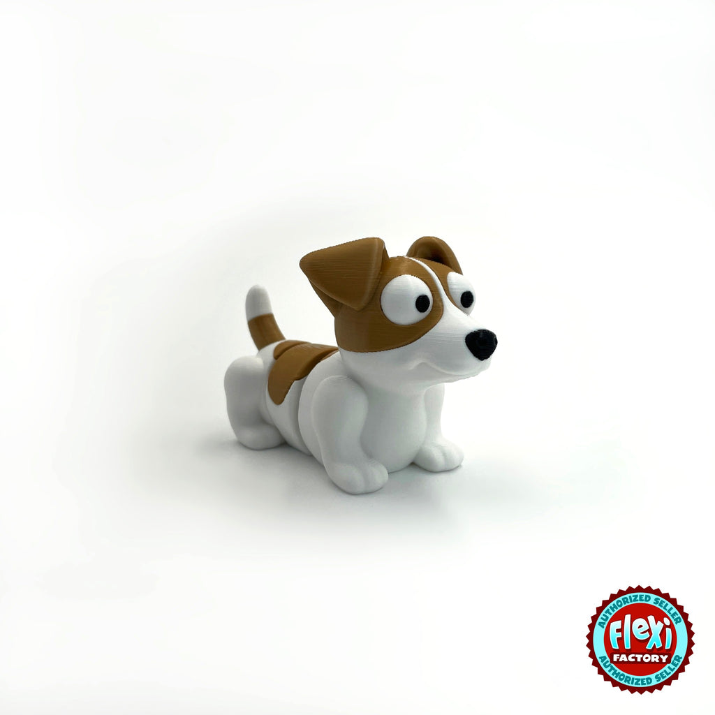 Cute Jack Russell terrier keychain, 3D printed by RU3D – three quarter view facing right. White with brown patches.