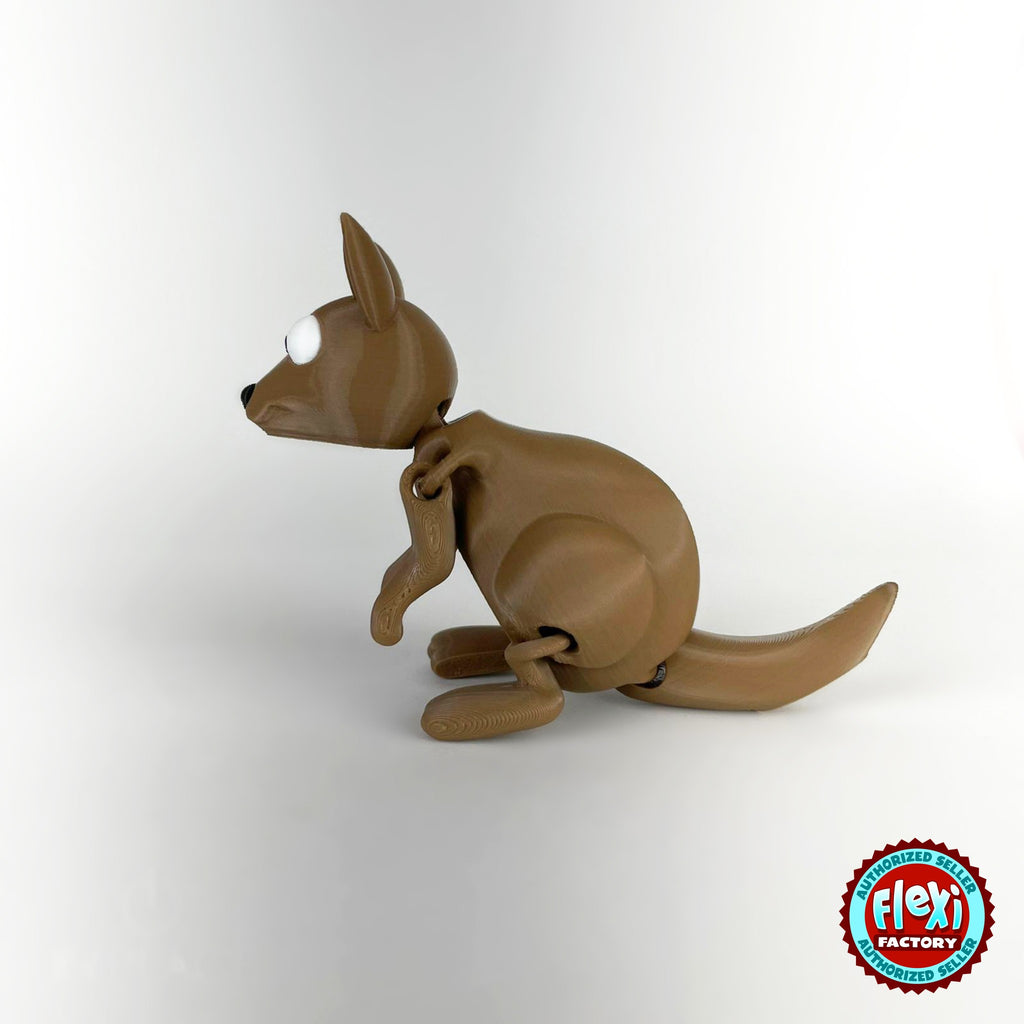 Cute kangaroo keychain, 3D printed by RU3D – dark eyes side view facing left. Brown with cream face.