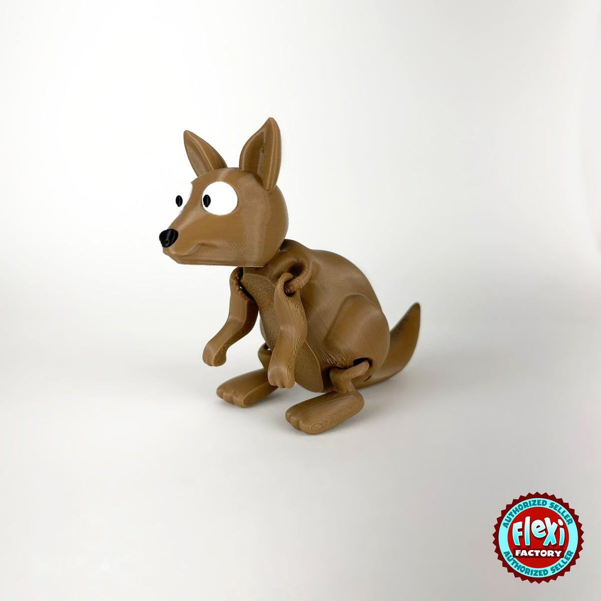 Cute kangaroo keychain, 3D printed by RU3D – dark eyes three quarter view facing left. Brown with cream face.