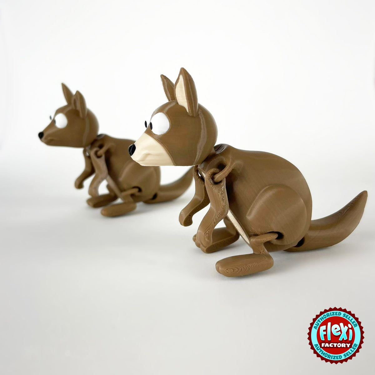 Cute kangaroo keychain, 3D printed by RU3D – pair of kangaroos facing left. Brown with cream face.