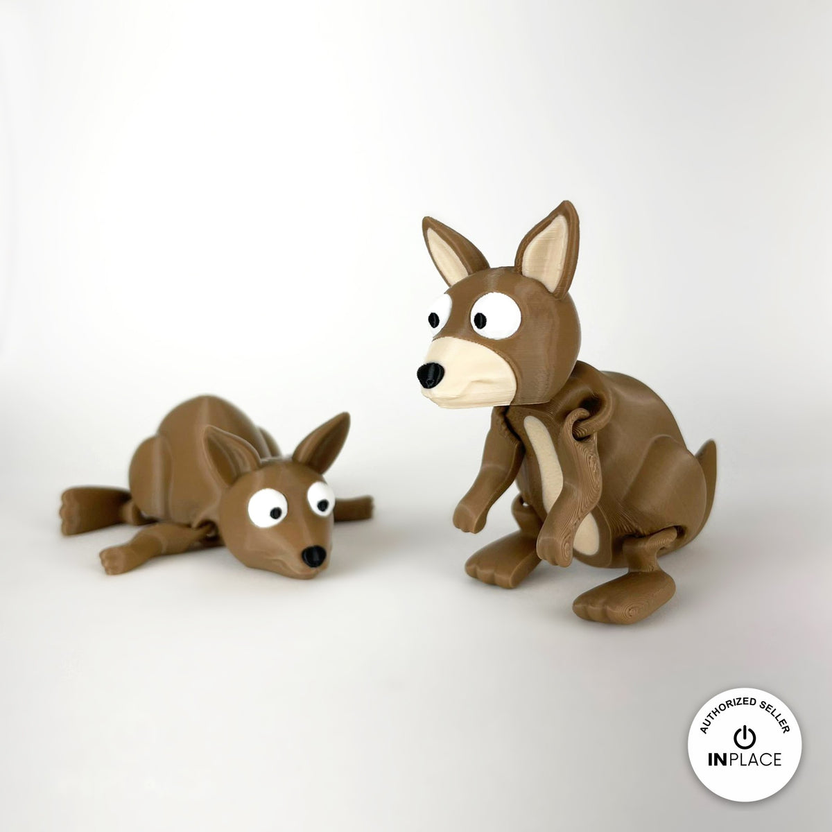 Cute kangaroo keychain, 3D printed by RU3D – pair of kangaroos one lying down. Brown with cream face.