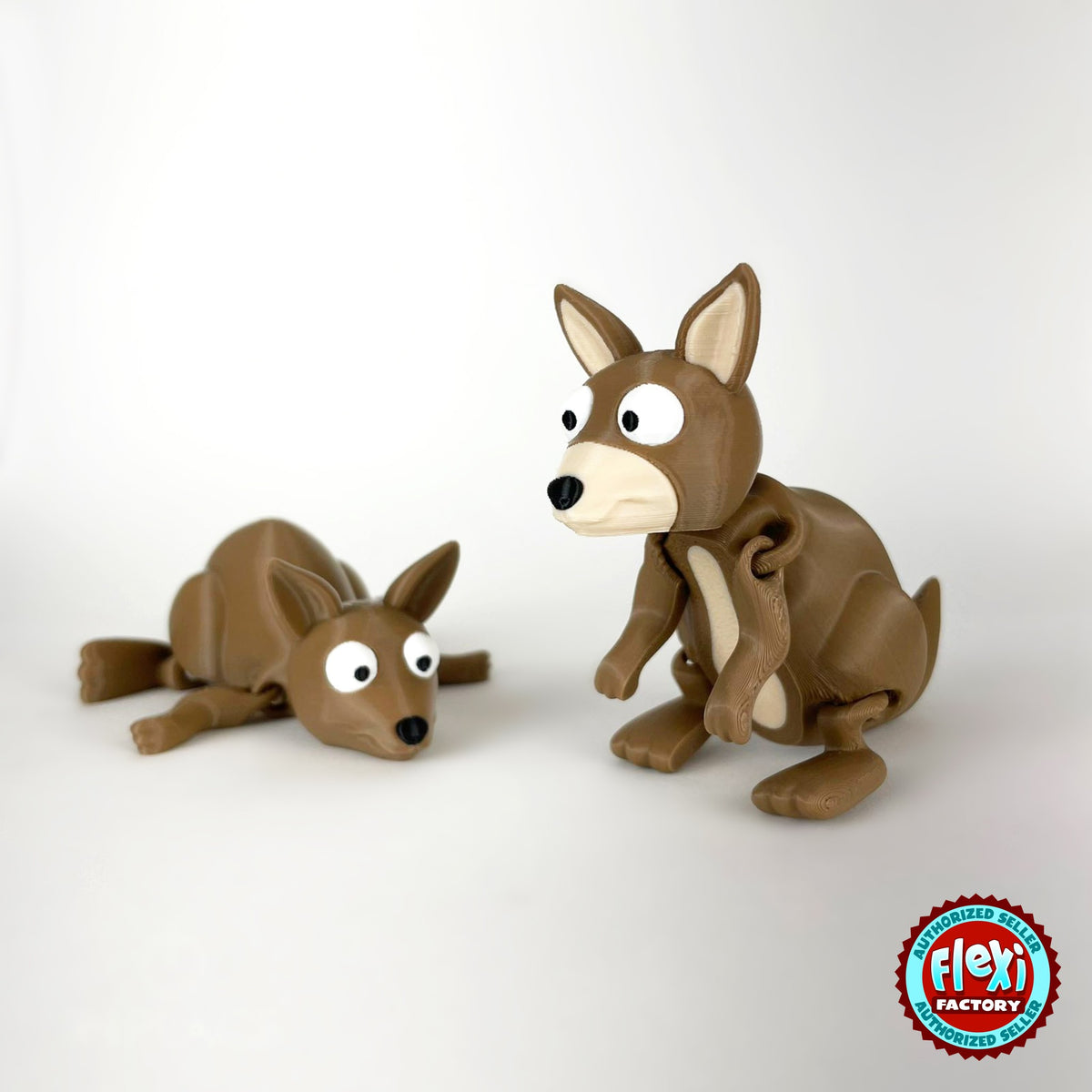 Cute kangaroo keychain, 3D printed by RU3D – pair of kangaroos one lying down. Brown with cream face.