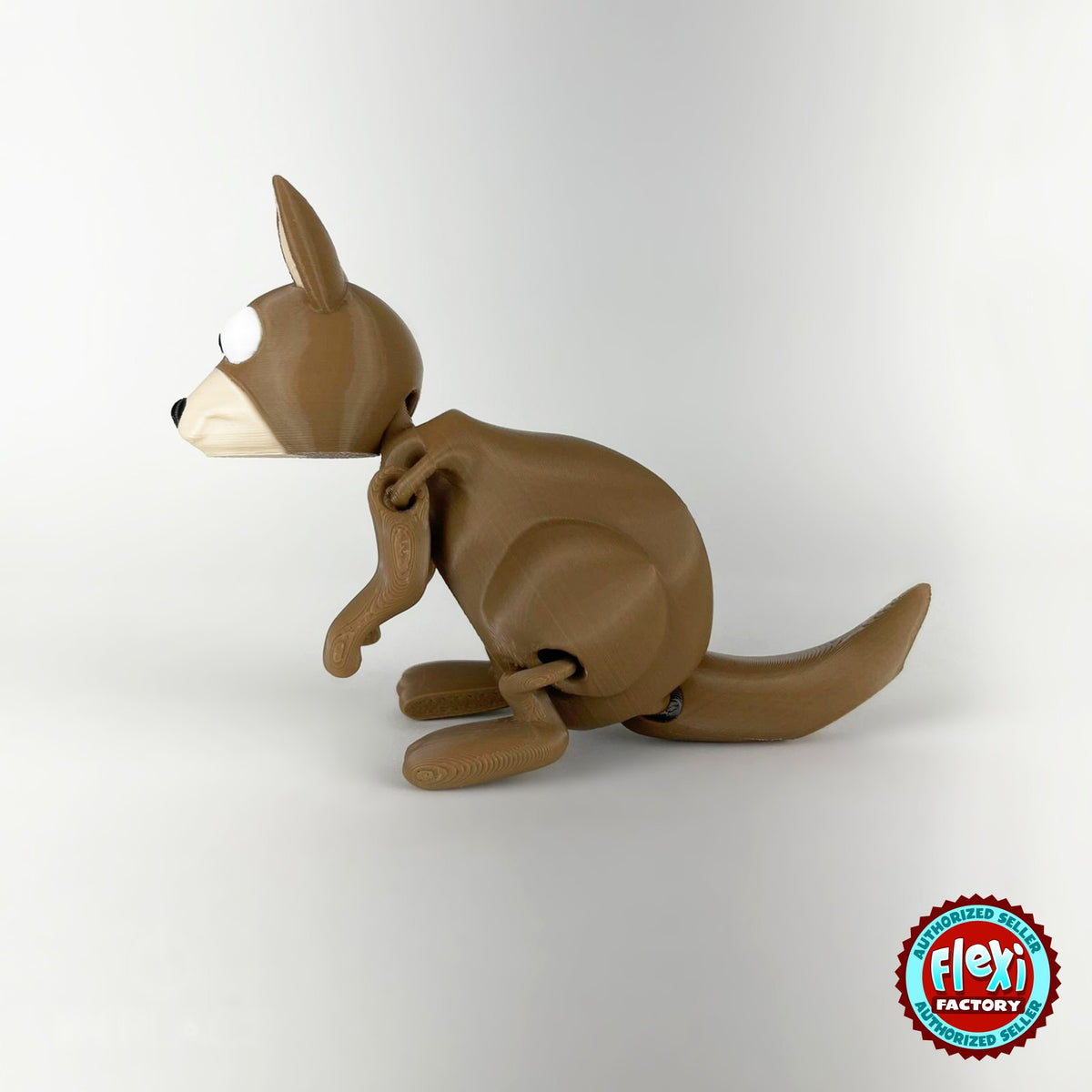 Cute kangaroo keychain, 3D printed by RU3D – side view facing left. Brown with cream face.