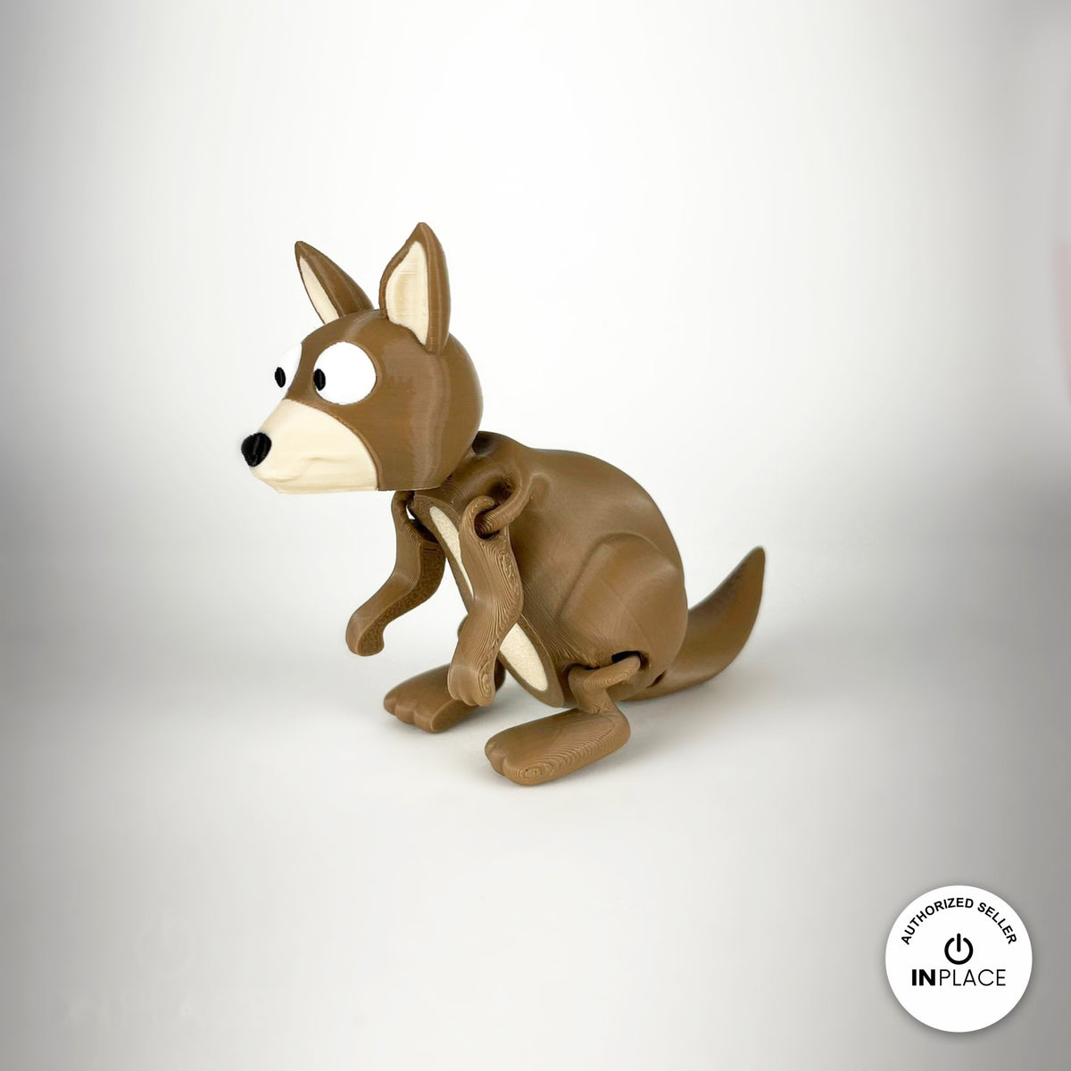 Cute kangaroo keychain, 3D printed by RU3D – three quarter view facing left. Brown with cream face.