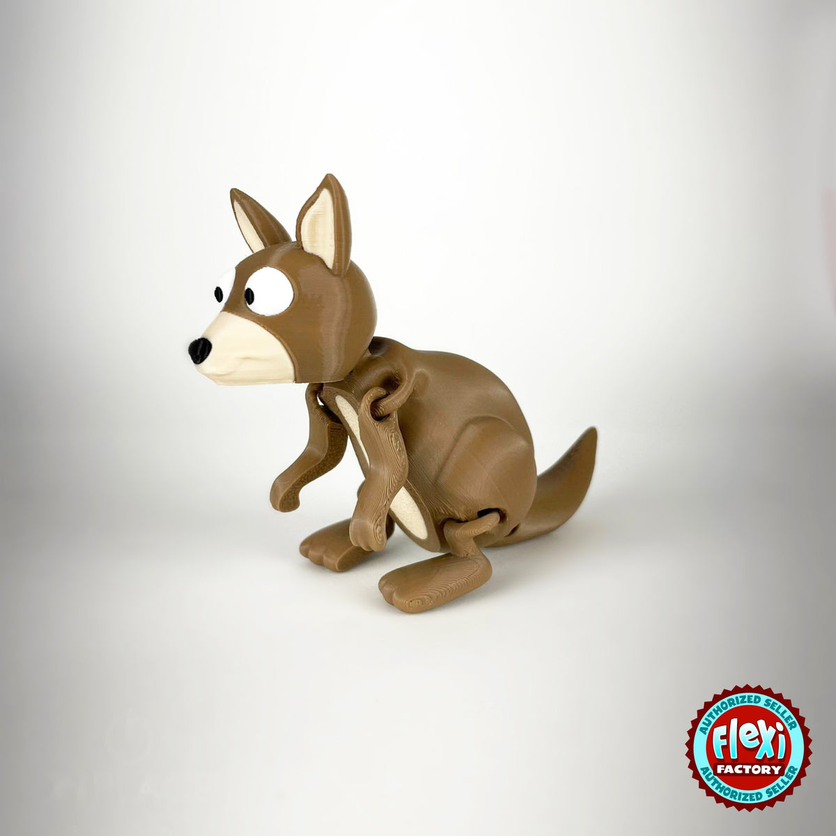 Cute kangaroo keychain, 3D printed by RU3D – three quarter view facing left. Brown with cream face.