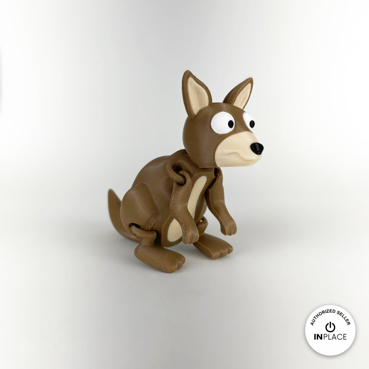Cute kangaroo keychain, 3D printed by RU3D – three quarter view facing right. Brown with cream face.