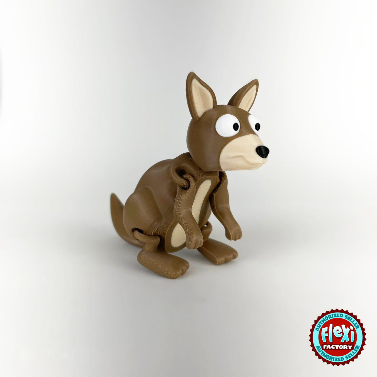 Cute kangaroo keychain, 3D printed by RU3D – three quarter view facing right. Brown with cream face.