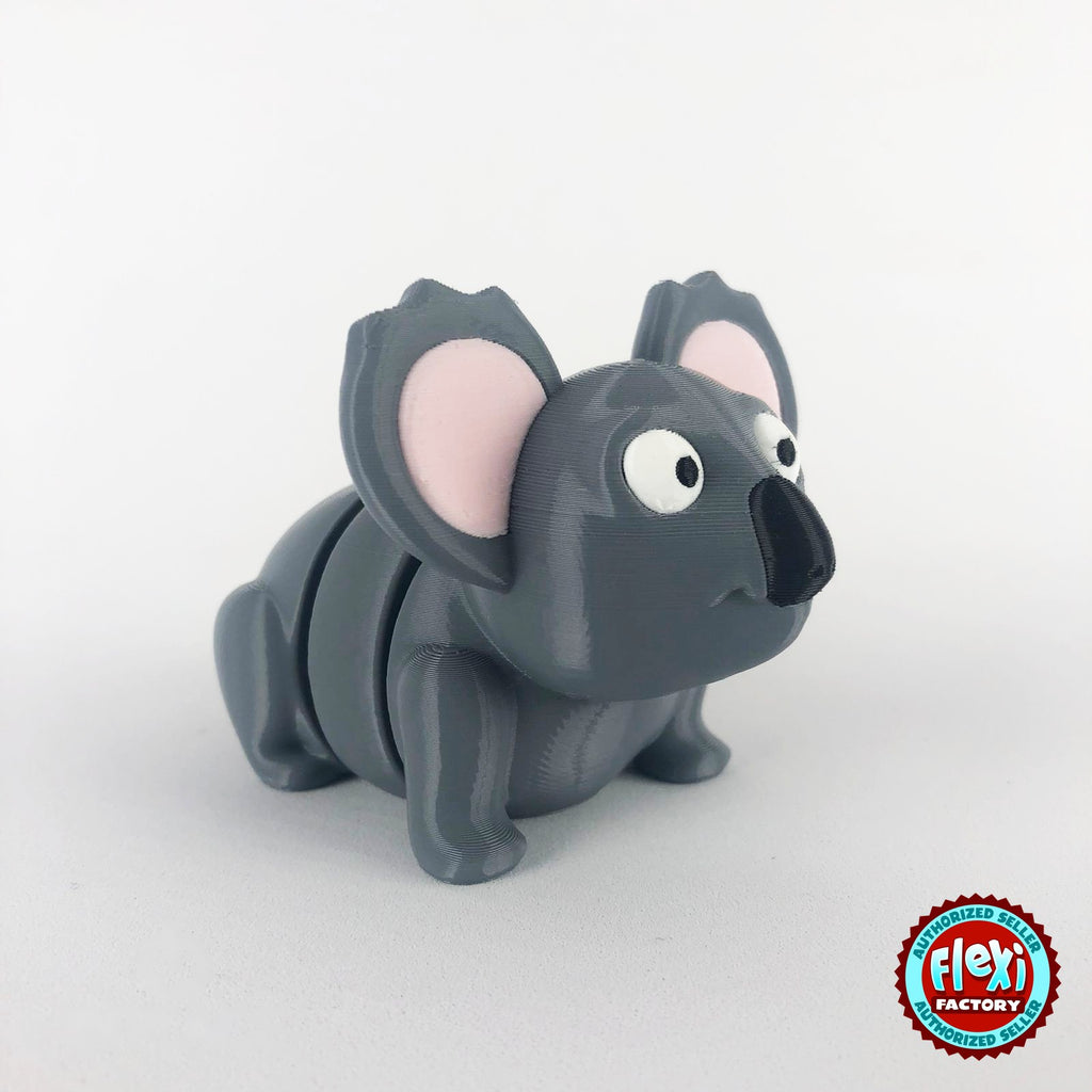 Cute koala keychain, 3D printed by RU3D – three quarter view facing right. Grey with pink ears.
