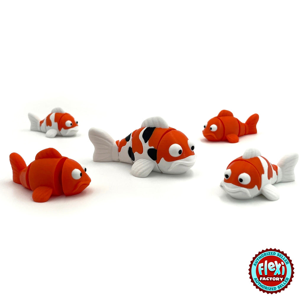 Cute koi fish keychain, 3D printed by RU3D – group of koi fish. Orange, white and black, also in solid orange.