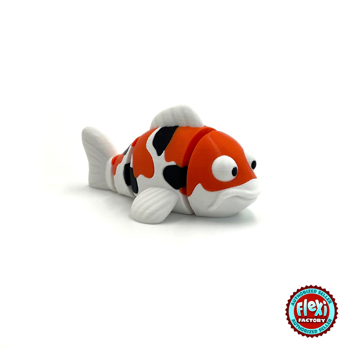 Cute koi fish keychain, 3D printed by RU3D – three quarter view facing right. Orange, white and black, also in solid orange.
