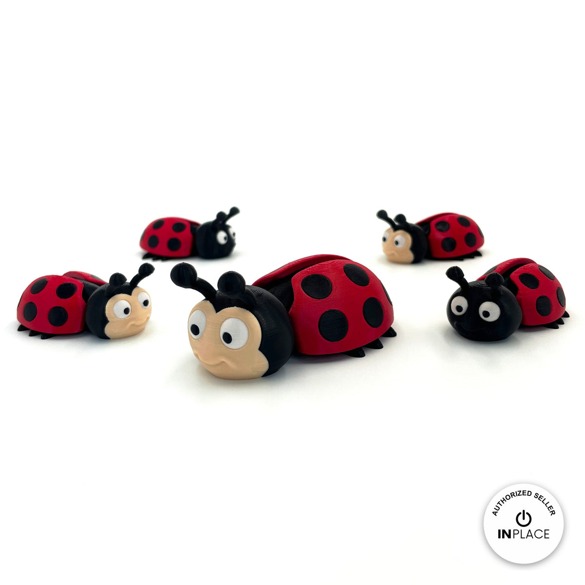 Cute ladybug keychain, 3D printed by RU3D – group of ladybugs. Red with black spots.