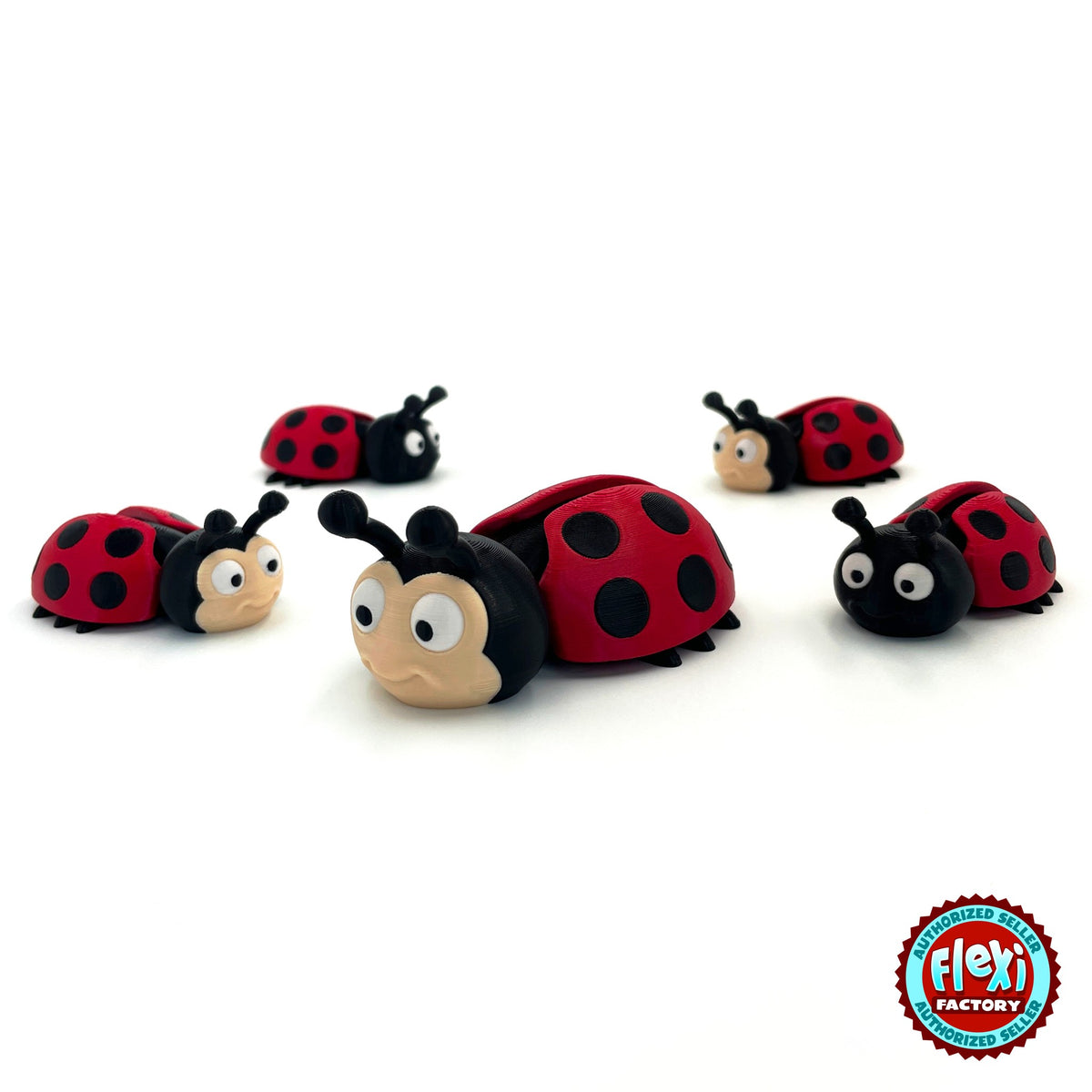 Cute ladybug keychain, 3D printed by RU3D – group of ladybugs. Red with black spots.