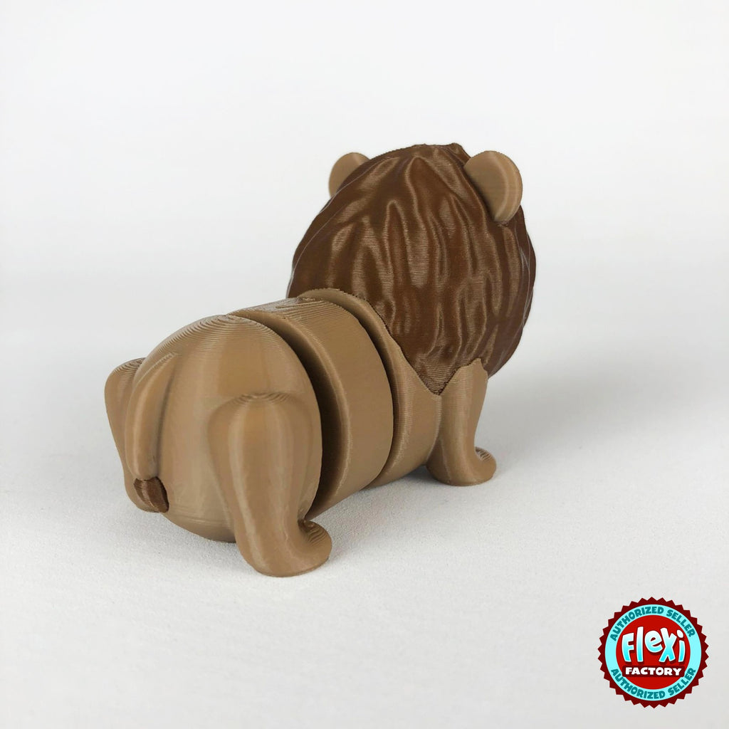 Cute lion keychain, 3D printed by RU3D – dark eyes rear view. Tan with brown mane.