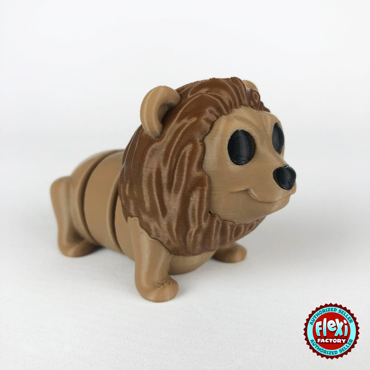 Cute lion keychain, 3D printed by RU3D – dark eyes three quarter view facing right. Tan with brown mane.