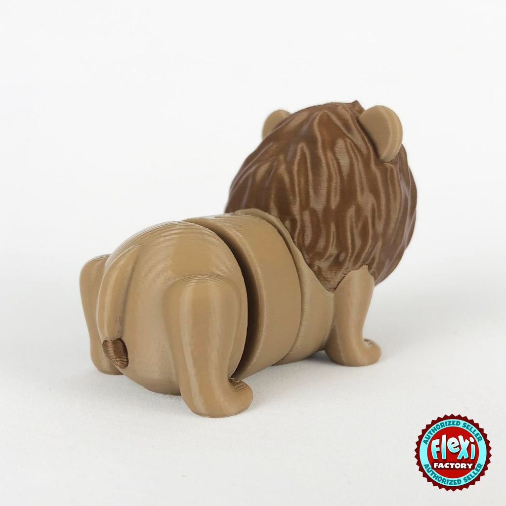 Cute lion keychain, 3D printed by RU3D – rear three quarter view. Tan with brown mane.