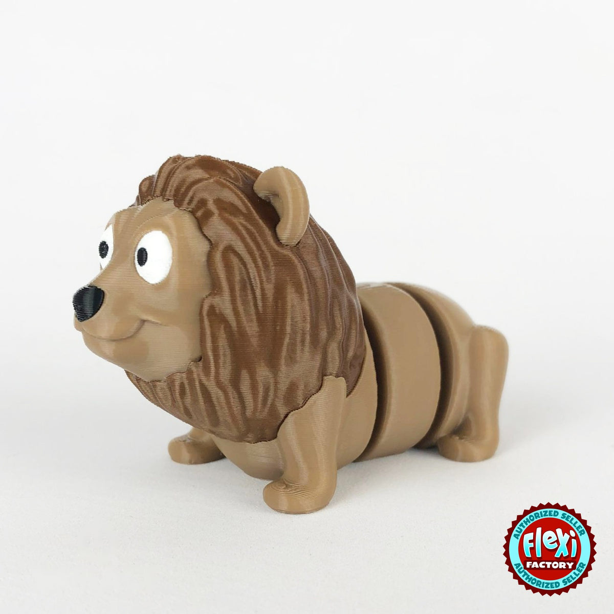 Cute lion keychain, 3D printed by RU3D – three quarter view facing left. Tan with brown mane.