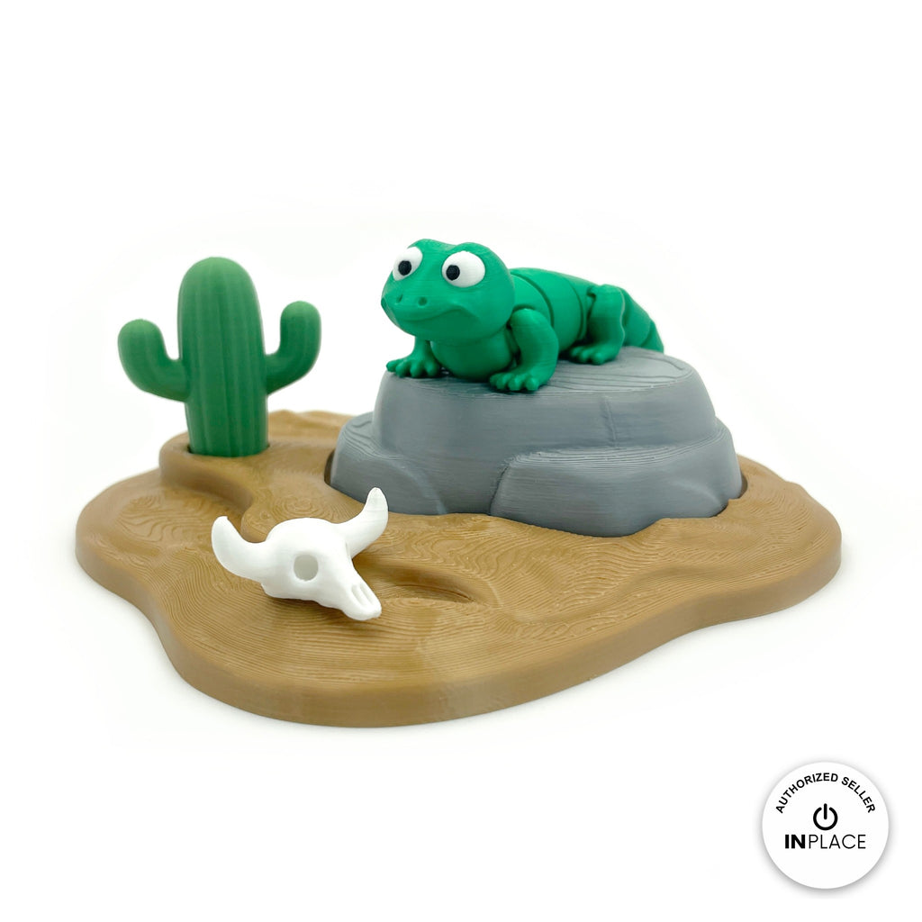 3D printed desert rock platform by RU3D, shown with the Lizard keychain