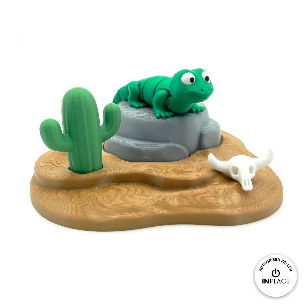 3D printed desert rock platform by RU3D, shown with the Lizard keychain