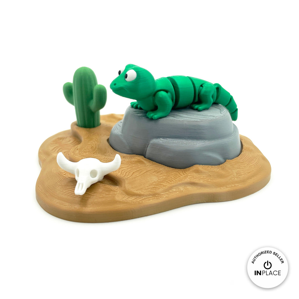 3D printed desert rock platform by RU3D, shown with the Lizard keychain