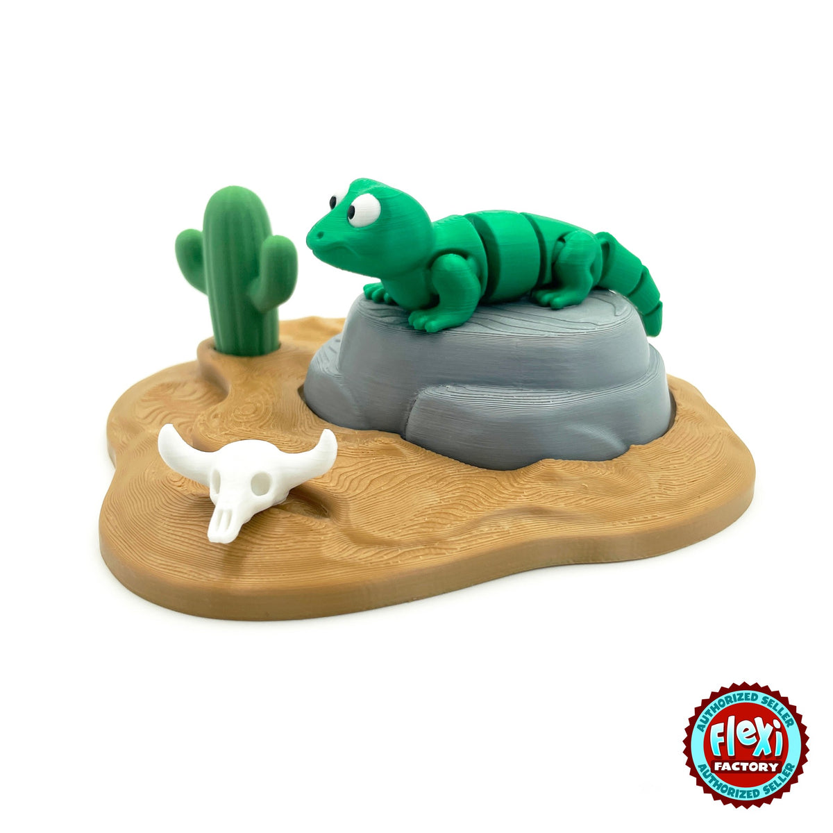 Cute lizard keychain, 3D printed by RU3D – side view on desert rock. Green with desert rock playset.