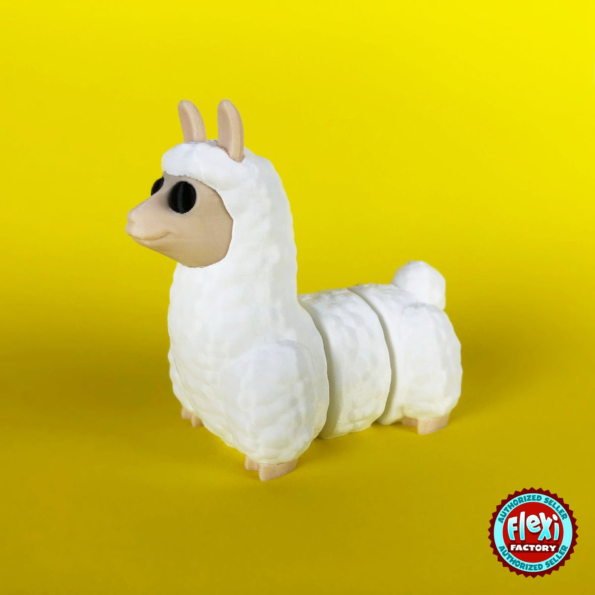 Cute llama keychain, 3D printed by RU3D – dark eyes three quarter view facing left. Fluffy white with tan face.