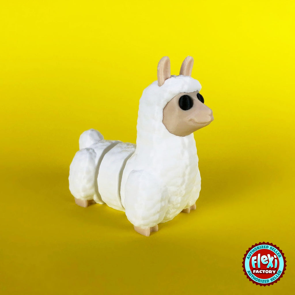 Cute llama keychain, 3D printed by RU3D – dark eyes three quarter view facing right. Fluffy white with tan face.