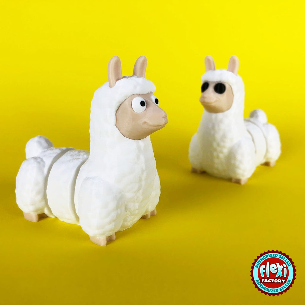Cute llama keychain, 3D printed by RU3D – pair of llamas. Fluffy white with tan face.