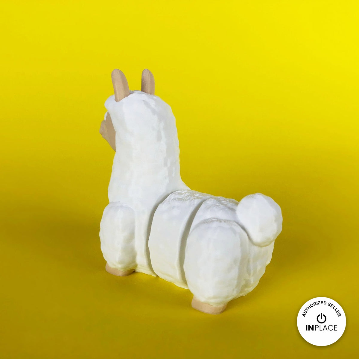 Cute llama keychain, 3D printed by RU3D – rear view. Fluffy white with tan face.