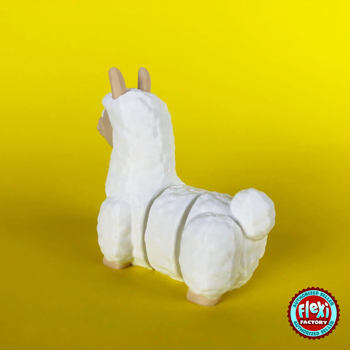 Cute llama keychain, 3D printed by RU3D – rear view. Fluffy white with tan face.