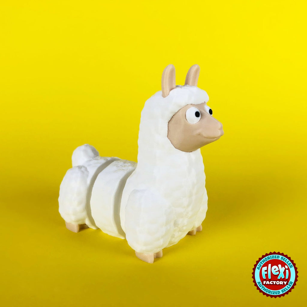 Cute llama keychain, 3D printed by RU3D – three quarter view facing right. Fluffy white with tan face.