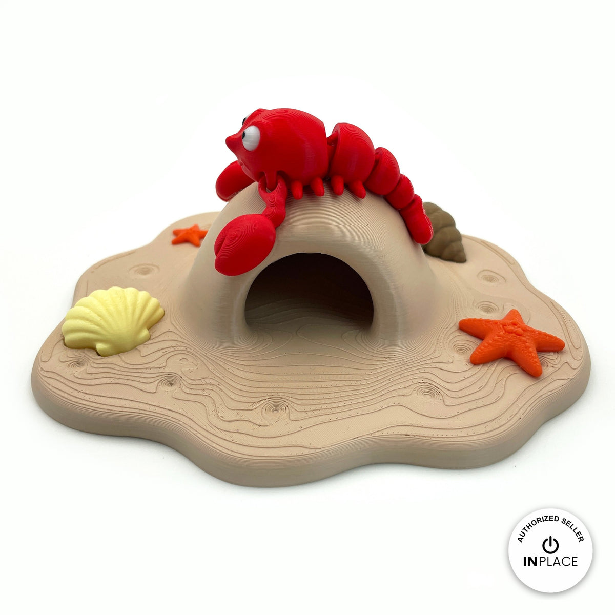 3D printed beach cave platform by RU3D, shown with the Lobster keychain