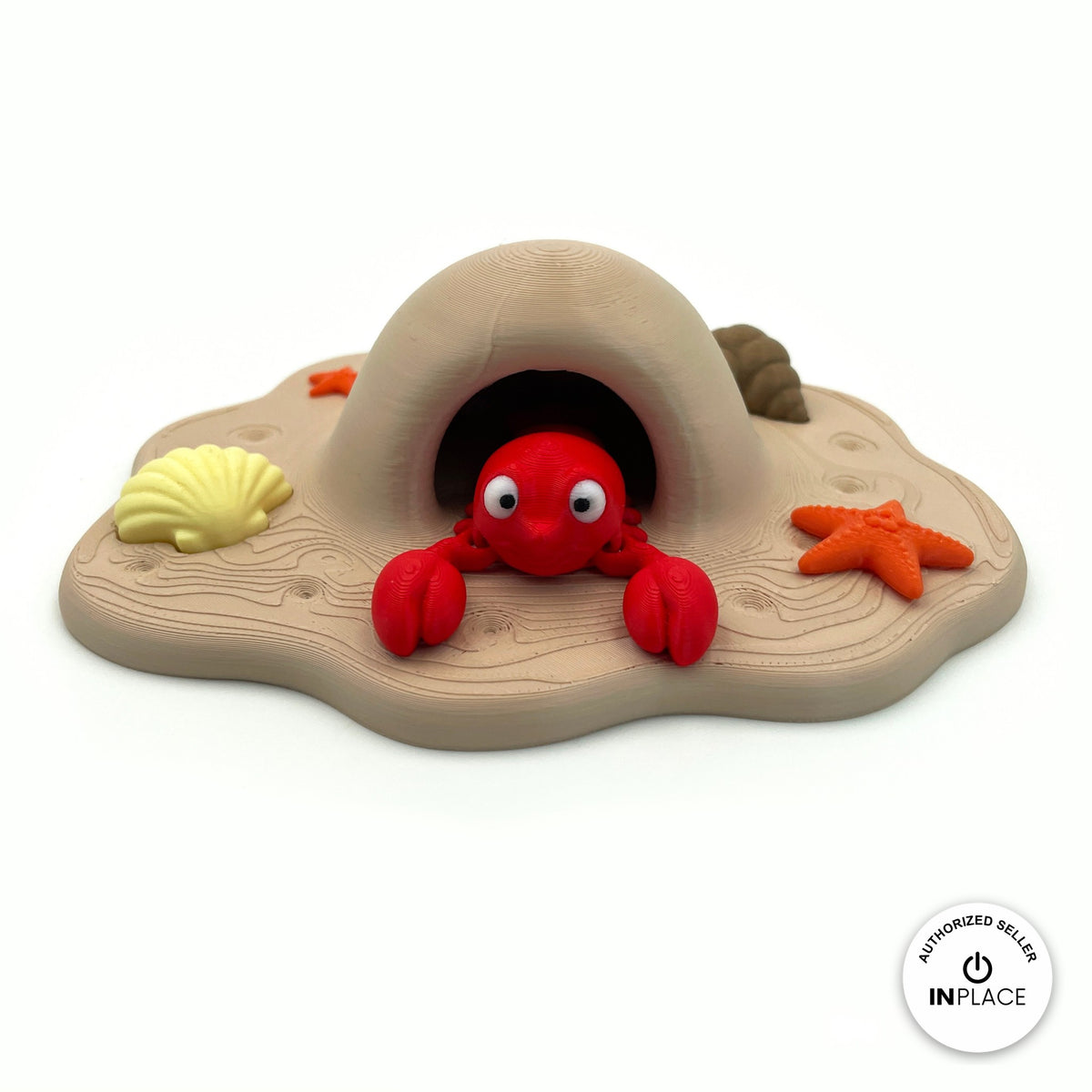 3D printed beach cave platform by RU3D, shown with the Lobster keychain