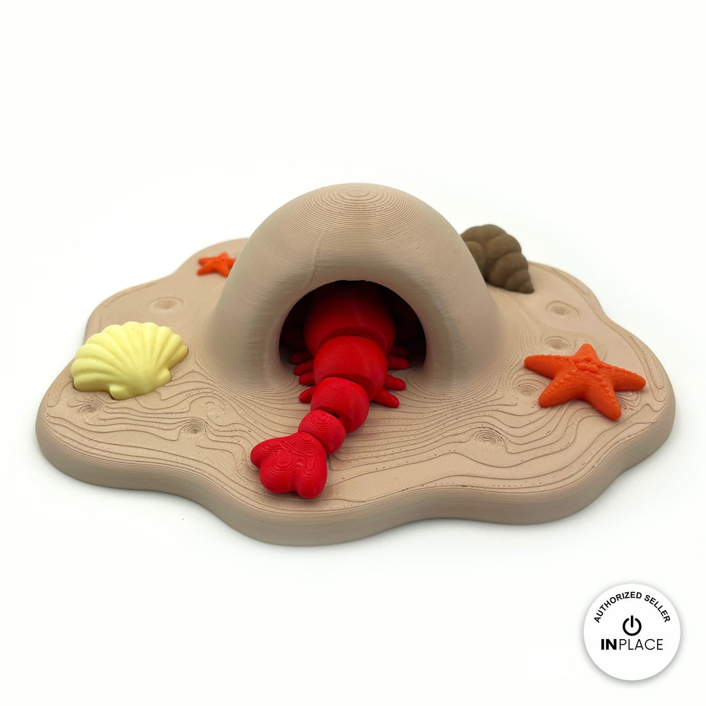 3D printed beach cave platform by RU3D, shown with the Lobster keychain