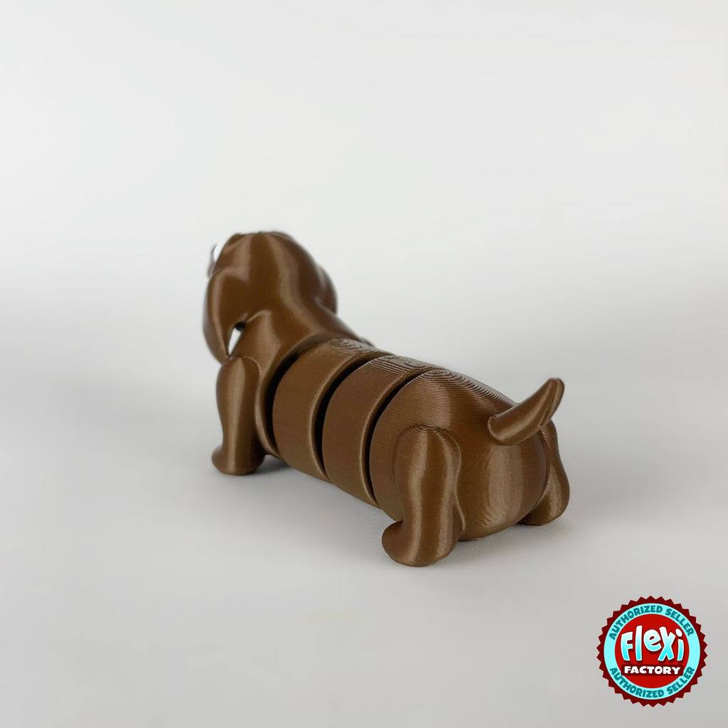 Cute long dachshund sausage dog keychain, 3D printed by RU3D – rear three quarter view. Brown, extra-long body.