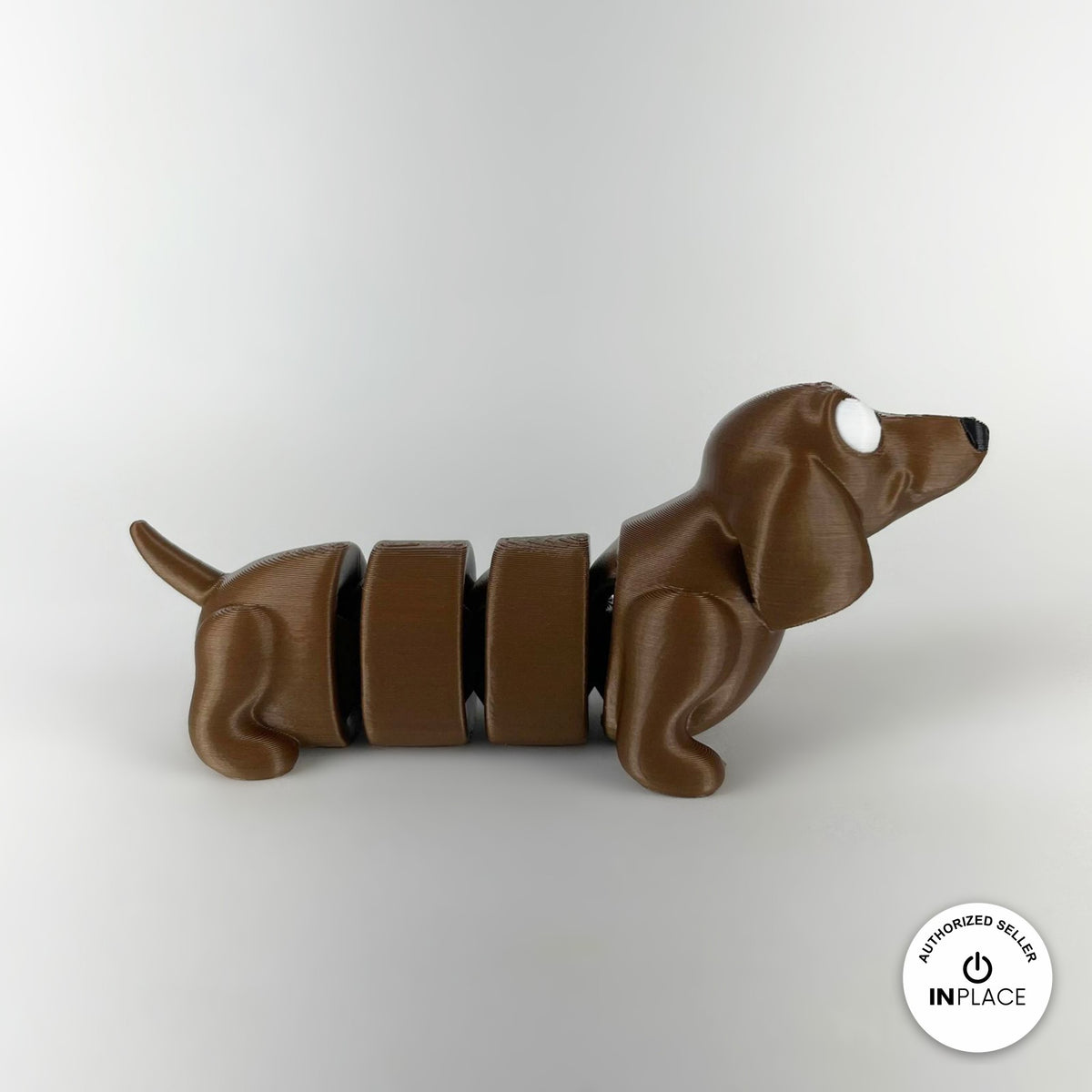 Cute long dachshund sausage dog keychain, 3D printed by RU3D – side view facing right. Brown, extra-long body.