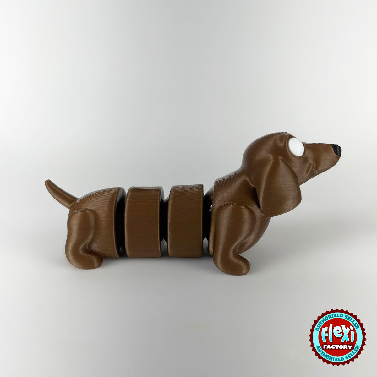 Cute long dachshund sausage dog keychain, 3D printed by RU3D – side view facing right. Brown, extra-long body.