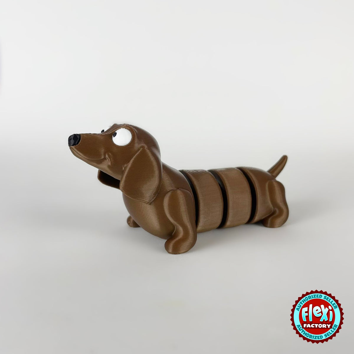 Cute long dachshund sausage dog keychain, 3D printed by RU3D – three quarter view facing left. Brown, extra-long body.