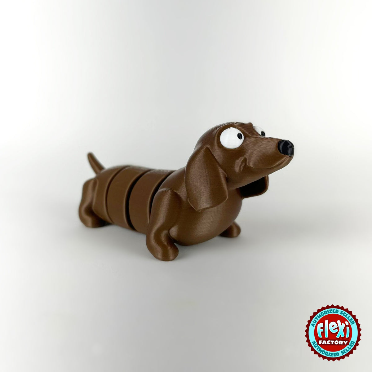 Cute long dachshund sausage dog keychain, 3D printed by RU3D – three quarter view facing right. Brown, extra-long body.