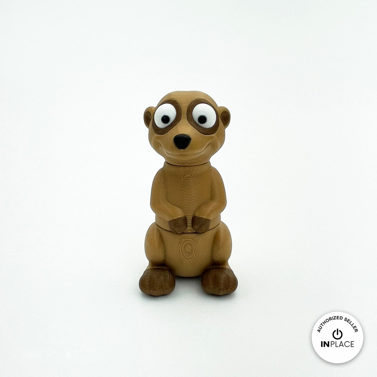 Cute meerkat keychain, 3D printed by RU3D – standing front view. Tan and dark brown.