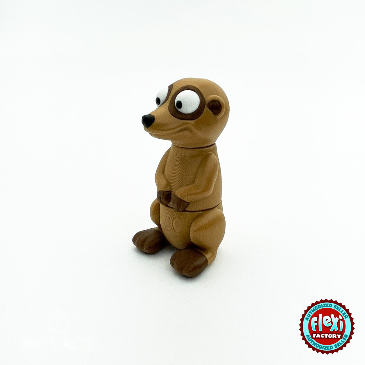 Cute meerkat keychain, 3D printed by RU3D – standing three quarter view facing left. Tan and dark brown.