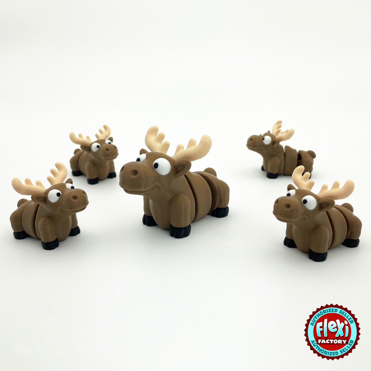 Cute moose keychain, 3D printed by RU3D – group of moose. Brown with cream antlers.