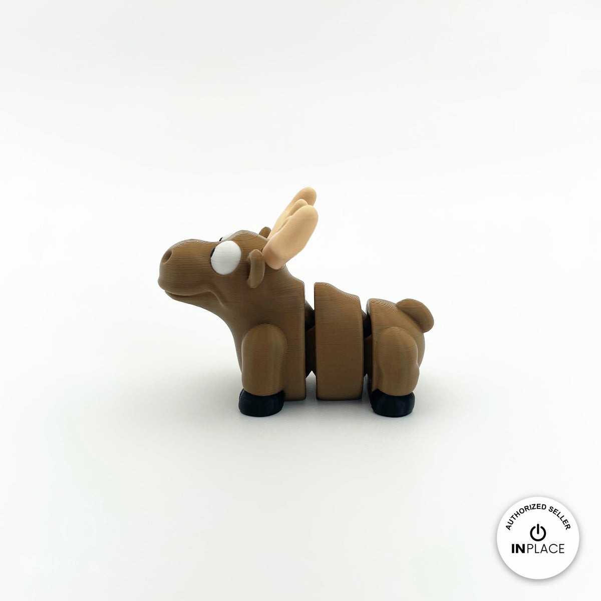 Cute moose keychain, 3D printed by RU3D – side view facing left. Brown with cream antlers.