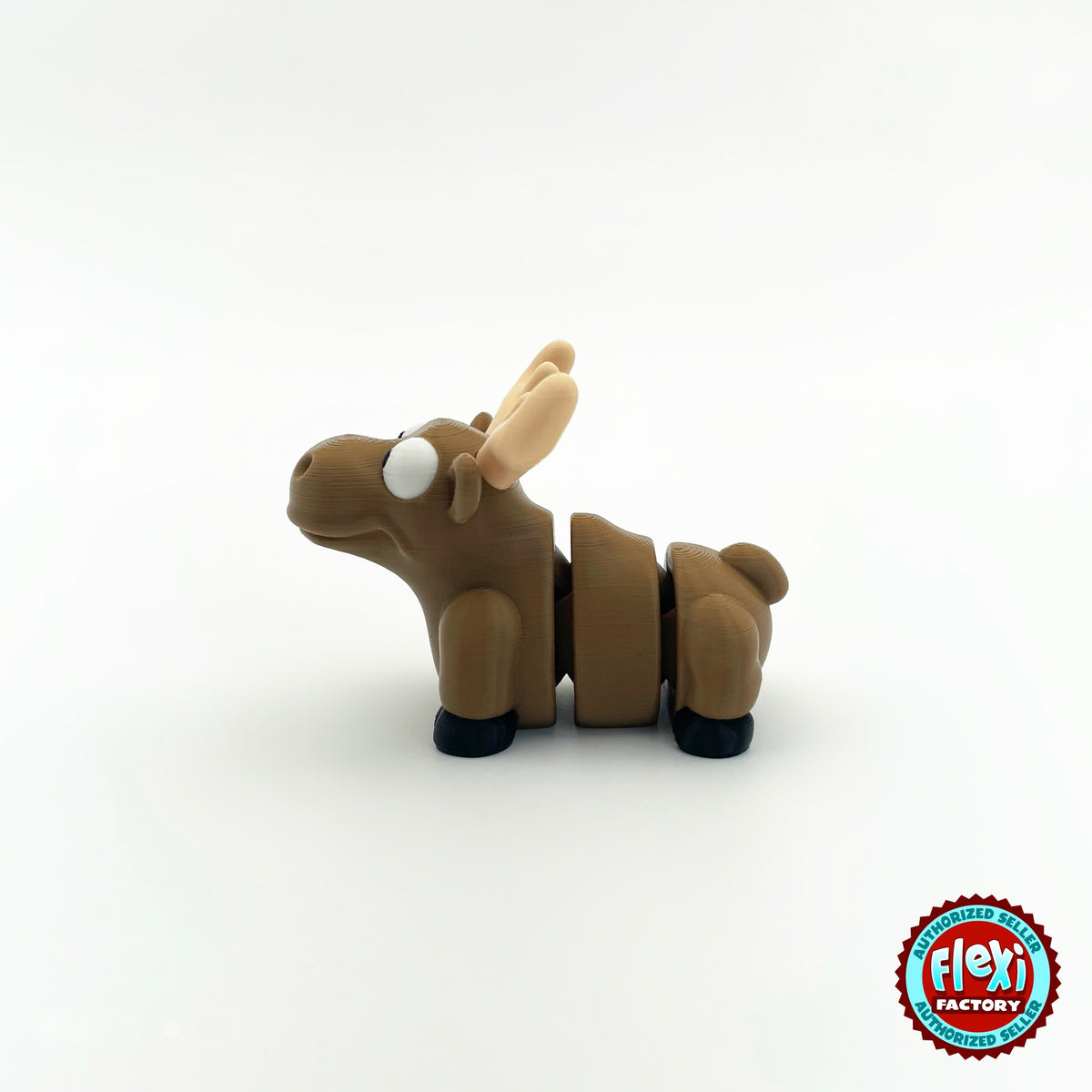 Cute moose keychain, 3D printed by RU3D – side view facing left. Brown with cream antlers.