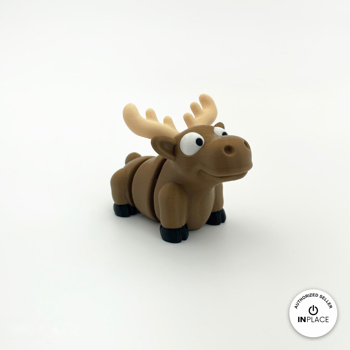 Cute moose keychain, 3D printed by RU3D – three quarter view facing right. Brown with cream antlers.
