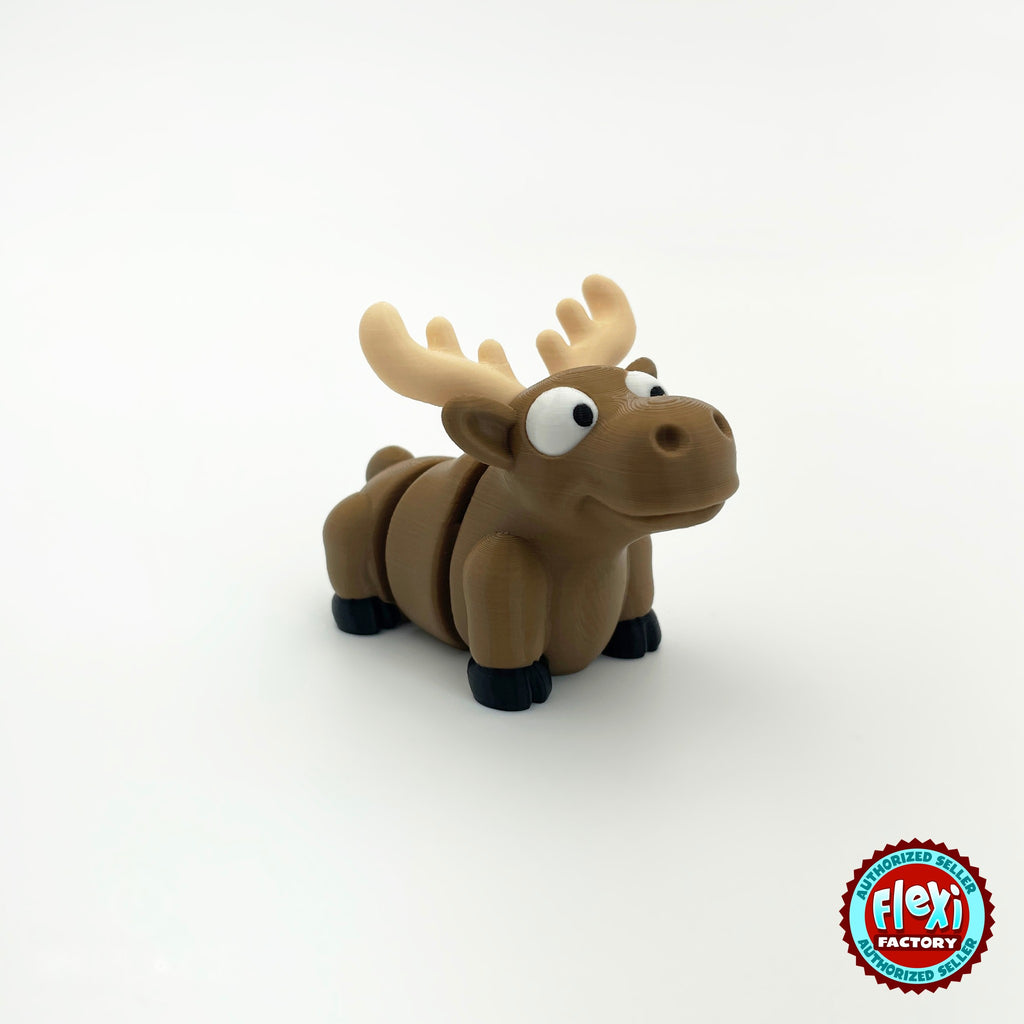 Cute moose keychain, 3D printed by RU3D – three quarter view facing right. Brown with cream antlers.