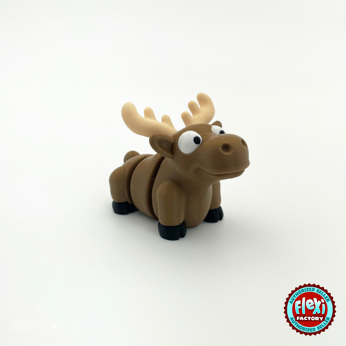 Cute moose keychain, 3D printed by RU3D – three quarter view facing right. Brown with cream antlers.