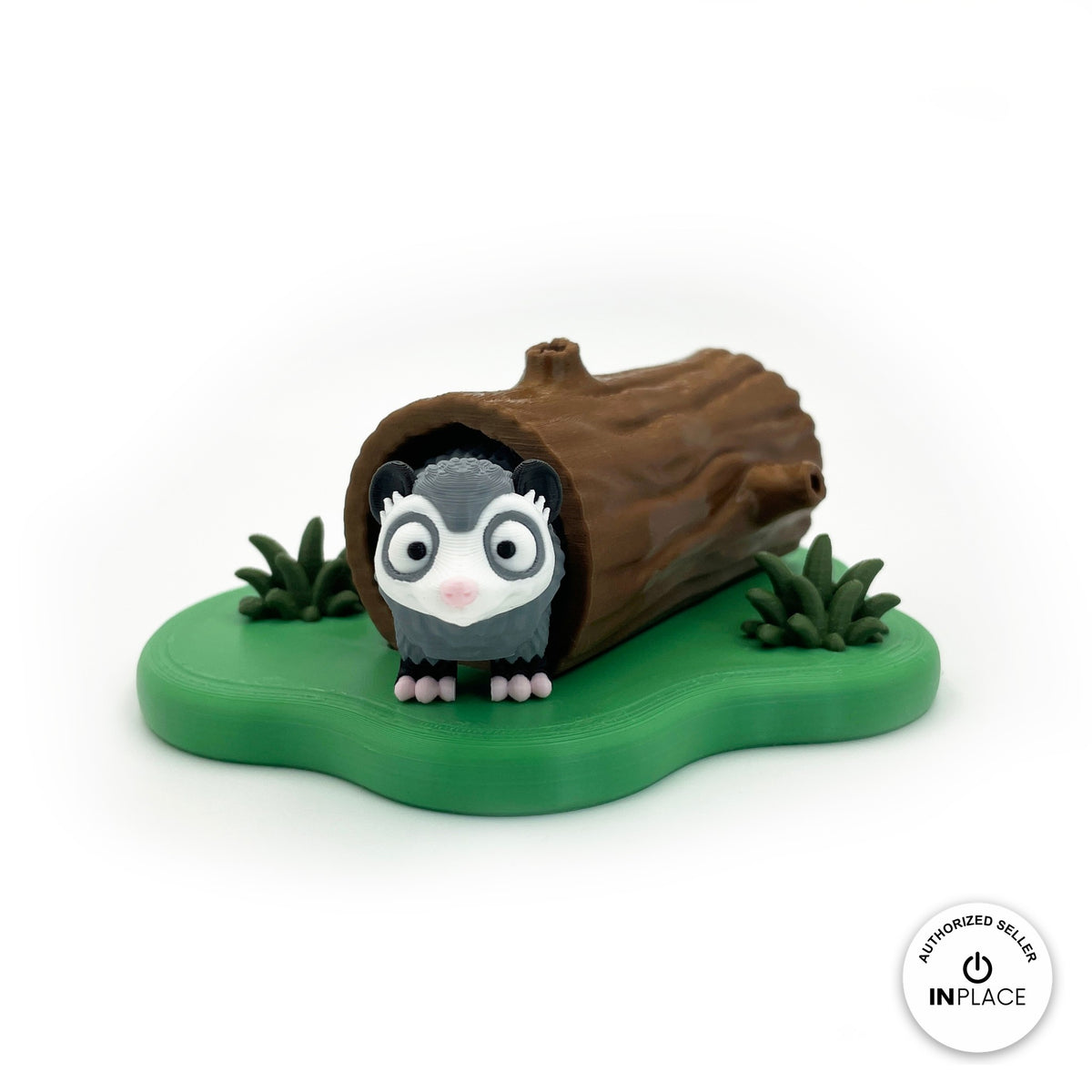 3D printed hollow log platform by RU3D, shown with the Opossum keychain