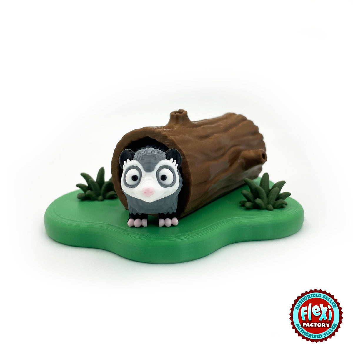 Cute opossum keychain, 3D printed by RU3D – peeking out of hollow log. Grey and white with pink tail and hollow log playset.