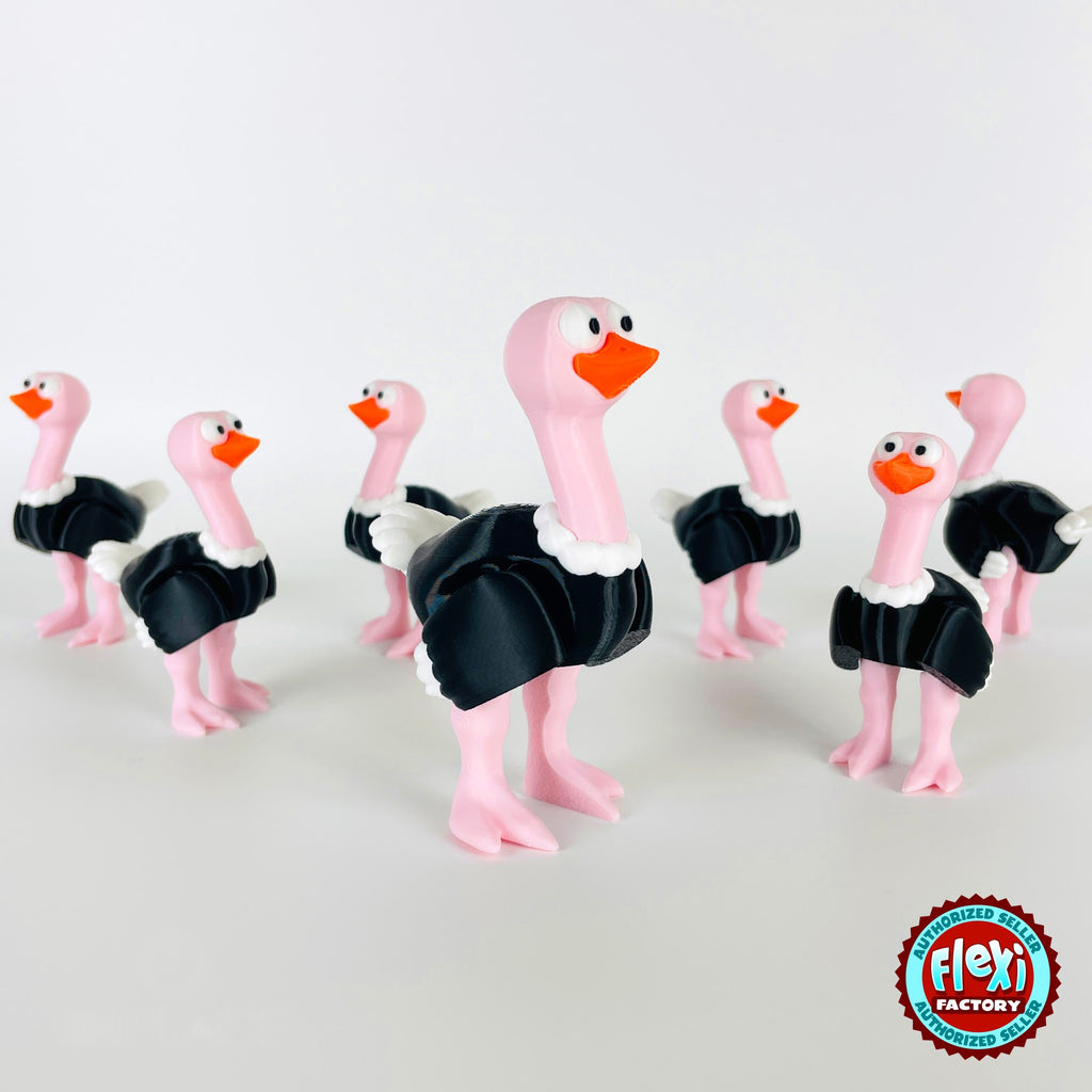 Cute ostrich keychain, 3D printed by RU3D – flock of ostriches. Pink neck and legs with black feathers.